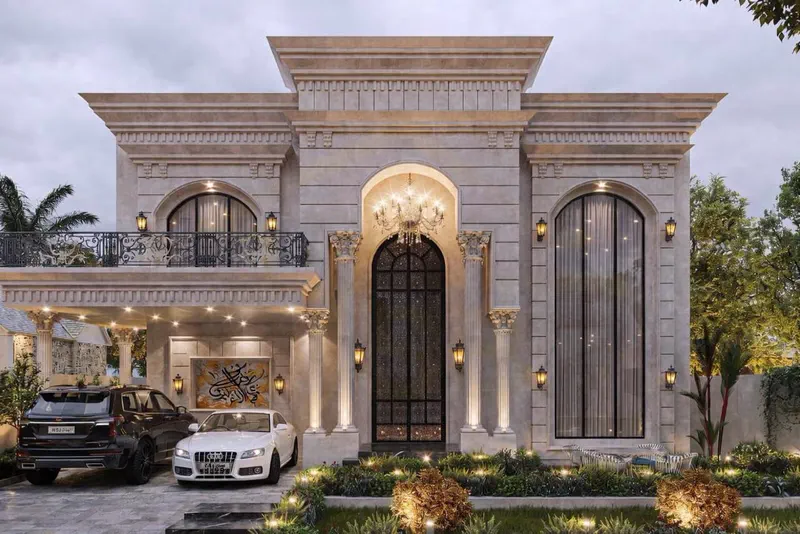Classical villa front elevation with columns and ornate ironwork designed by Planet Builders, Lahore