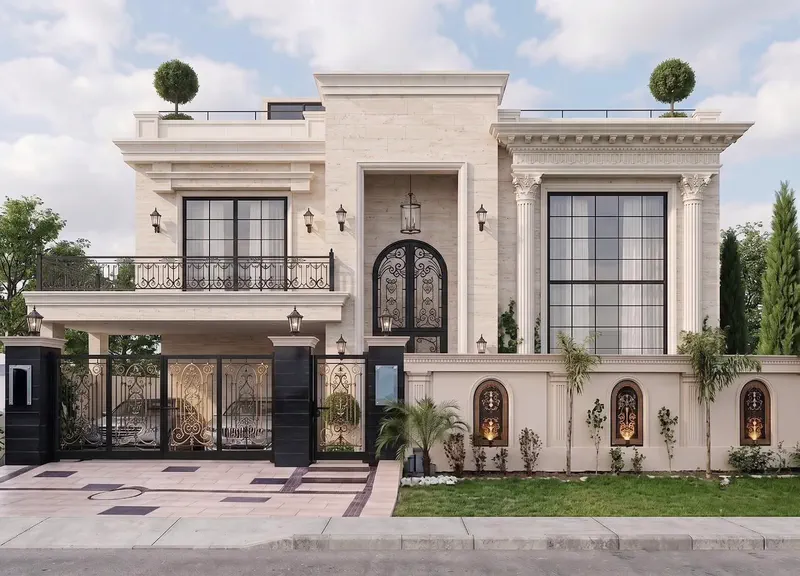 Luxury classical mansion design with roof garden and wrought-iron gates by Planet Builders
