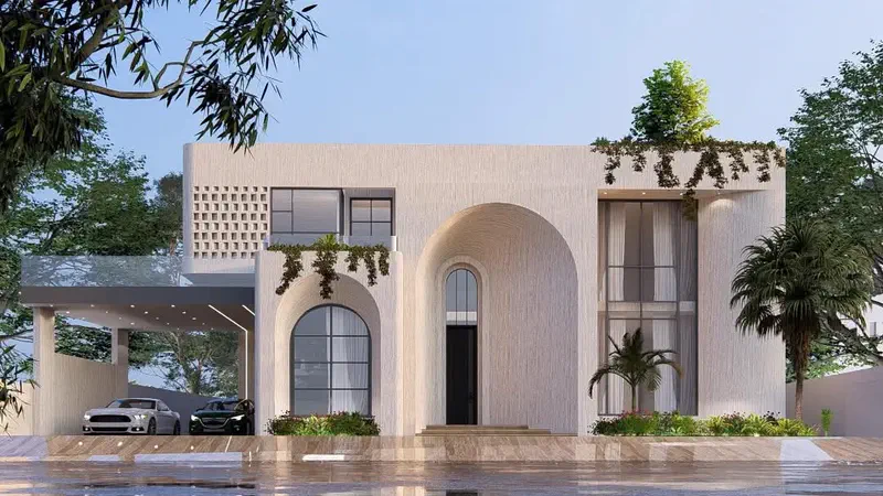 Modern villa design with arched entrance and textured facade by Planet Builders