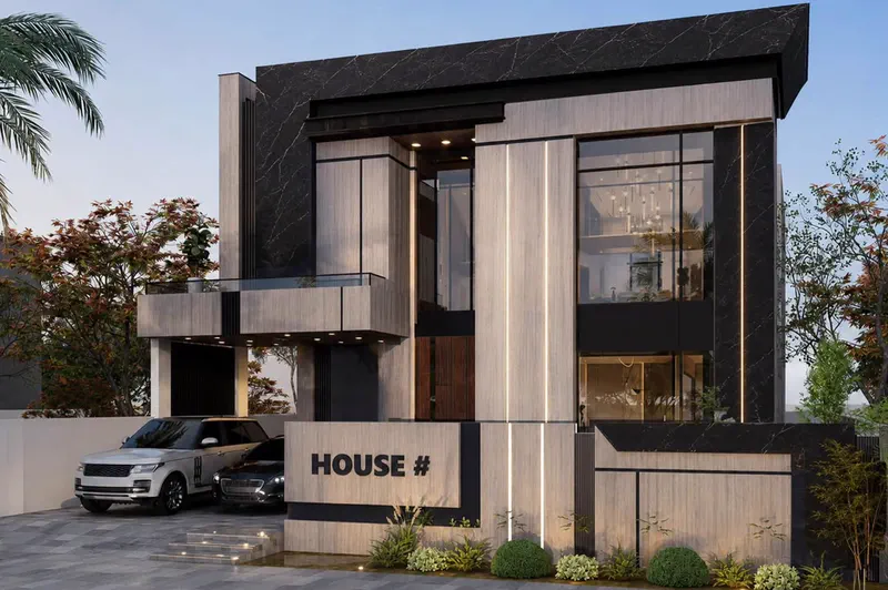 Contemporary house design with black marble and wood-grain facade by Planet Builders