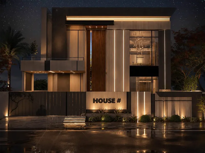 Modern house night elevation with facade lighting designed by Planet Builders